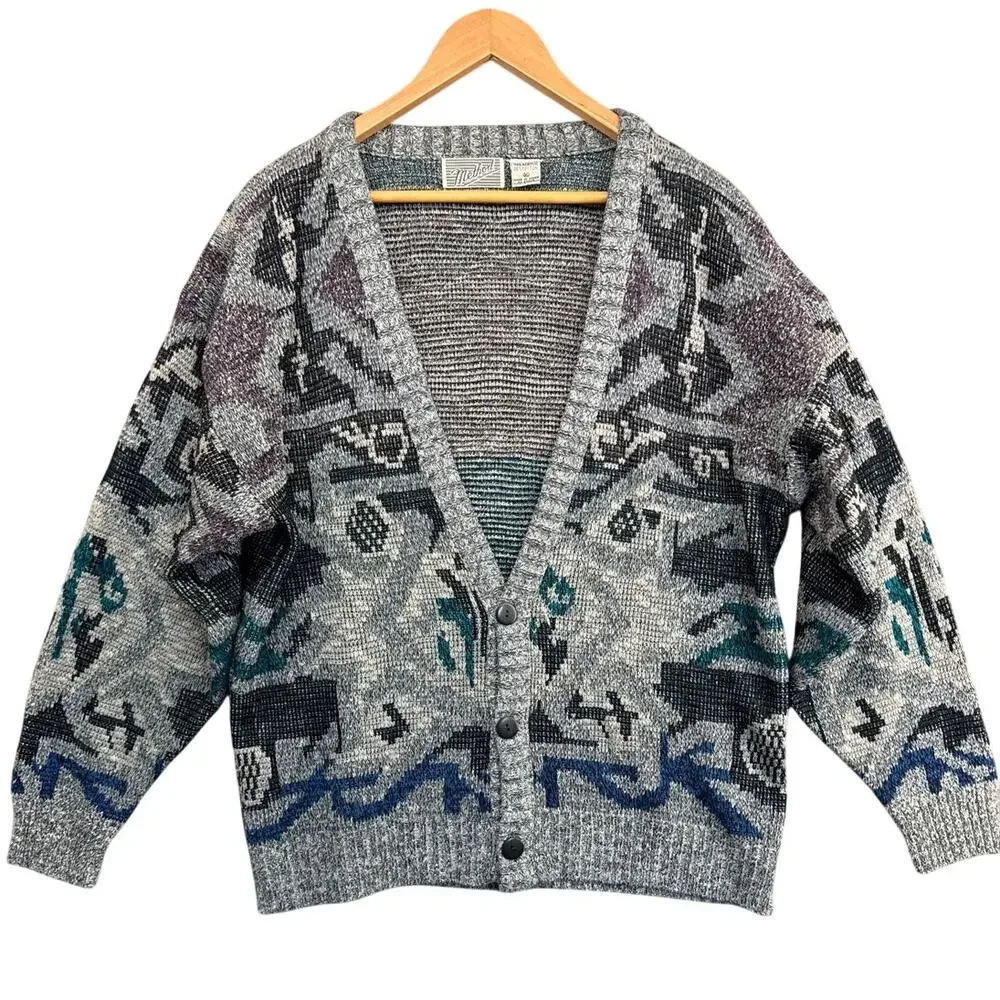 Method Vintage 90s Gray Geometric Abstract Grandpa Cardigan Sweater Men XL
